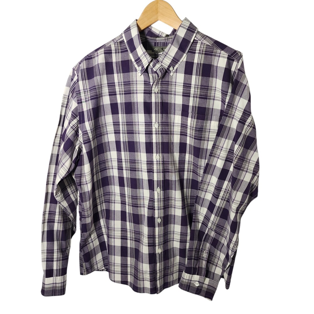 Eddie Bauer Mens‎ Plaid Button Down Shirt Classic Fit Purple White Size XL